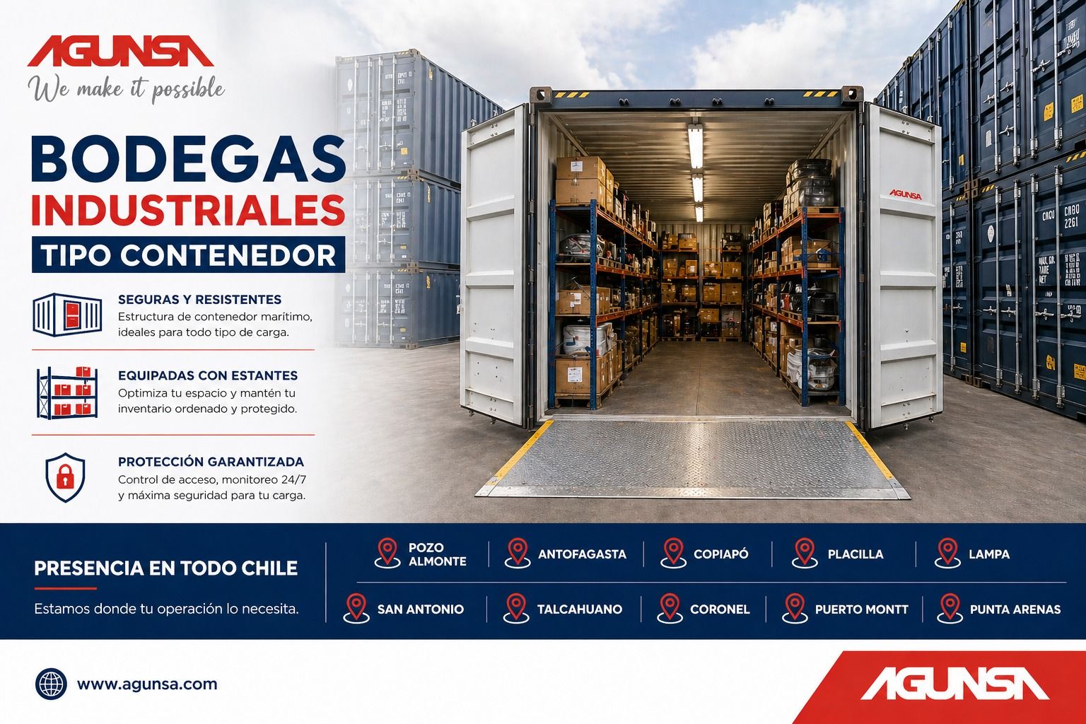 Más capacidad, seguridad y flexibilidad: AGUNSA presenta su nueva solución de bodegas modulares con posibilidad de incorporar estantería para distintos tipos de cargas